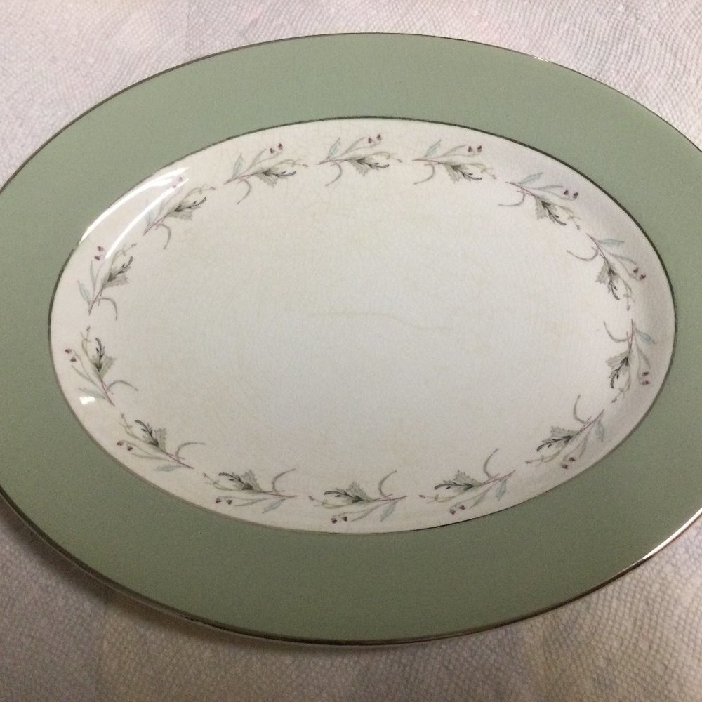Simpsons Pottery LTD England Sedgemoor Serving Plate oval Sage Green silver rim